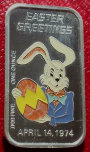 1974 Auguri di Pasqua-Coniglietto & Uovo Art Bar 1 Troy oz.999 Smalto Argento-Ceeco - Foto 1 di 4