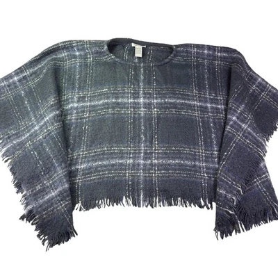 Orvis Suéter Poncho Feminino Tamanho Único Cinza Azul Xadrez Franja Bainha Capa Ruana - Imagem 1 de 4