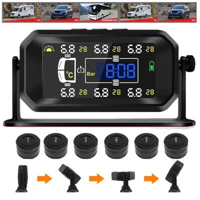 Wireless Solar TPMS LCD Car Tire Pressure System with 6 External Sensors 0-8Bar - Image 1 of 4
