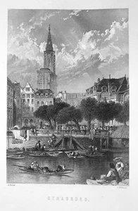 France, STRASBOURG CATHEDRAL OLD TOWN GRAND ILE ~ Old 1876 Art Print Engraving - Picture 1 of 1