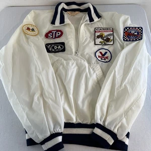 Logo 7 Vtg Nylon L Large White Jacket Windbreaker Patches STP Camel Indy 500 - Picture 1 of 18