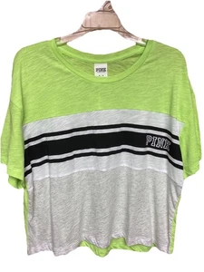NWT VICTORIA'S SECRET PINK WOMEN'S LIME - WHITE LOGO COTTON T-SHIRT TOP MEDIUM - Picture 1 of 8