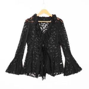 Boston Proper Womens Lace Ruffle Top Size L Black Sheer Floral Flare Sleeve - Picture 1 of 18