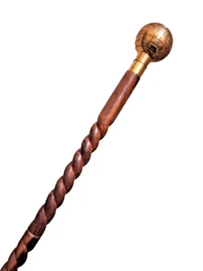 Designer Brass Globe Shape Handle Round Knob Walking Stick Vintage Wooden Cane - Picture 1 of 10
