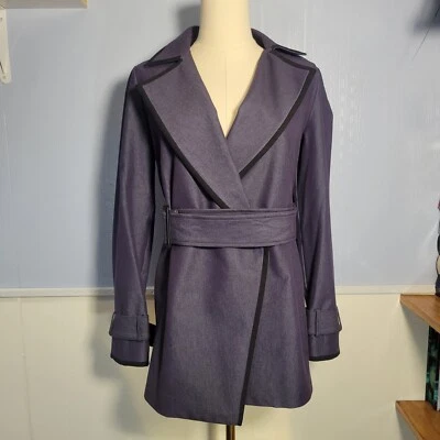 Abrigo de Vestido Elle Talla 2 Azul Púrpura Negro Recortado Cuello en V Cinturón Hebilla Foto 1 de 4