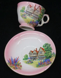 VINTAGE ROYAL WINTON OLD ENGLISH MANOR HOUSE PATTERN TEA CUP & SAUCER, COLORFUL - Picture 1 of 6