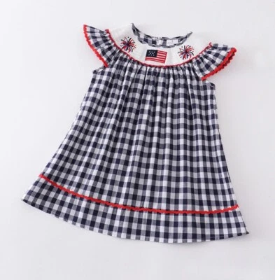 NEW Boutique 4th of July Girls Embroidered Smocked Gingham Plaid Dress - Image 1 of 4