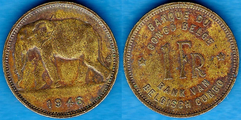 Belgian Congo 1946 1 Franc KM-26 Brass Elephant about XF #95 - US Seller - Image 1 of 1
