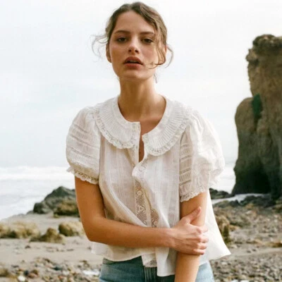 Doen Womens June Pleated Short Sleeves White Salt Cotton Blouse Tunic Top Size M - Image 1 of 4