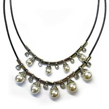Silver Plated Faux Pearl CZ Multi Strand Necklace Fashion Costume Jewellery UK