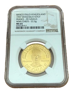 Venezuela 1957 Gold 60 Bolivares NGC MS65 WWII Chiefs - De Gulle France - Picture 1 of 2