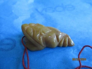 Vintage Carved Soapstone Netsuke, Frog Toad, Caramel Brown, Faded Cotton Thread - Picture 1 of 4