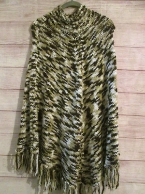 Пончо женское New York Company одно подходит размер все бахрома вязаное черное коричневое кремовое - Изображение 1 из 3