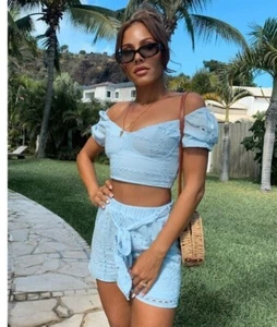 Women Lace Two Piece Set Casual Party Short Sleeve Crop Top Shorts Set Outfits - Picture 1 of 4