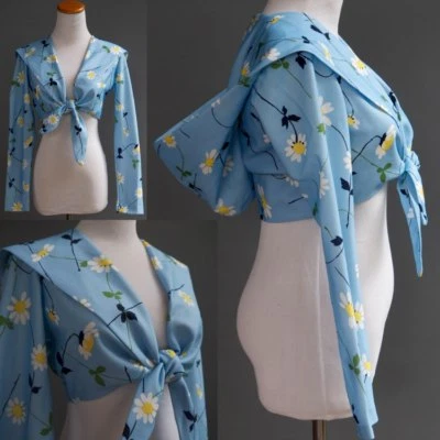 Chaqueta con Capucha Recortada De Colección Años 70 Azul y Amarillo Margarita Floral Mod Hippie Festival S Foto 1 de 4