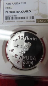 ARUBA Caribbean Netherlands Dutch  10 Florin 2004 Silver NGC PF PR 68 frogs - Picture 1 of 6