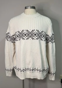Lands End White Sweater Men’s XXL Nordic Fair Isle Cabincore Cotton Wool Blend - Picture 1 of 5