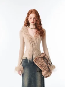 Elegant Vintage V-neck Lace Up Furry Cardigan Spring Crop Top Slim Fit Sweater - Picture 1 of 9