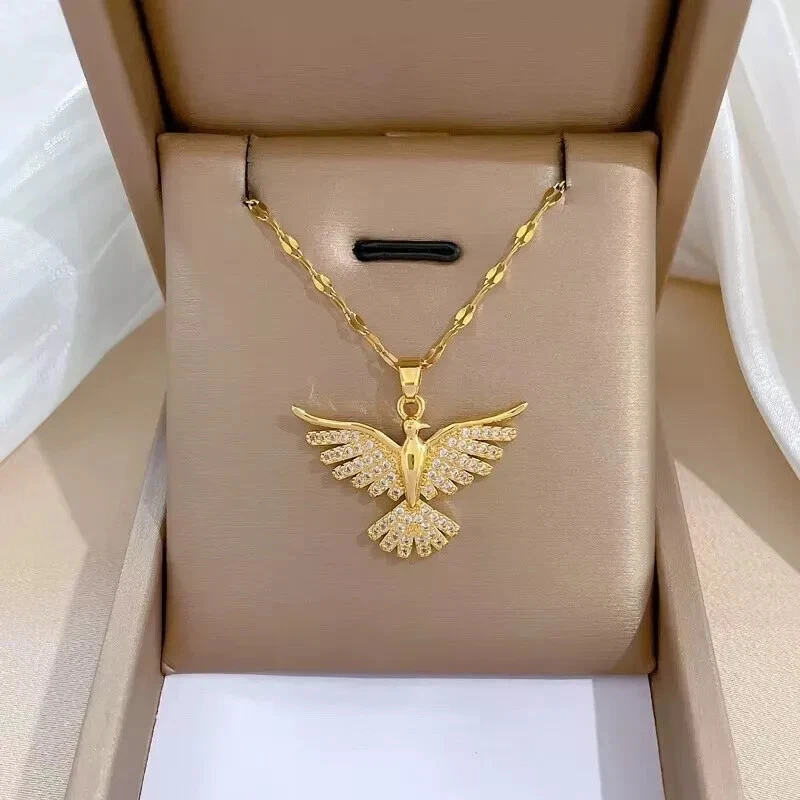 Damen Halskette Vogel Phoenix  Zirkon Anhänger Kette Gold Edelstahl Geschenk - Bild 1 von 3