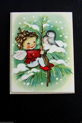 #E328- Unused Crestwick Xmas Greeting Card Pixie Fairy Boy Pine Cone Hat & Bird - Image 1 of 2