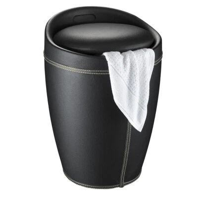 WENKO Bad Hocker CANDY Wäsche Korb 20L Sack Sammler Sitz Leder Optik Box schwarz - Bild 1 von 4