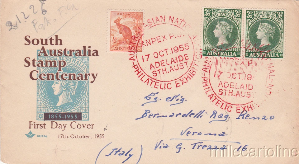 1955 SOUTH AUSTRALIA STAMP CENTENARY - FDC- RED ANPEX CANCEL - Image 1 of 1