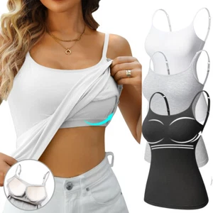 Women Built in Bra Padded Cami Vest 2 in 1 Camisole Tops With Shelf Tank T Shirt - Picture 1 of 25