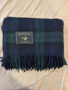 James Pringle Weavers Wool Blend Green Navy Plaid Fringe Throw Blanket 53x66” - Picture 1 of 4