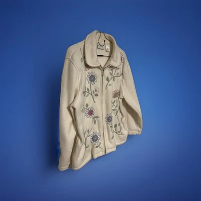 Chaqueta polar Alfred Dunner cremallera bordada crema cuentas bolsillos talla L Foto 1 de 4