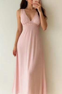 Valerie Stevens Maxi Slip Dress Babydoll Pink Large Sleeveless Plunge V Bias Cut - image 1 of 4