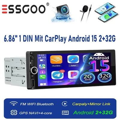 2+32G Autoradio 6.86" 1 DIN Mit Android 15 Carplay GPS NAVI RDS WIFI MIK BT +KAM - Bild 1 von 4
