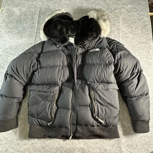 The North Face Puffer Jacket Mens Medium Black Faux Fur Hood Bomber Goose Down - Picture 1 of 20
