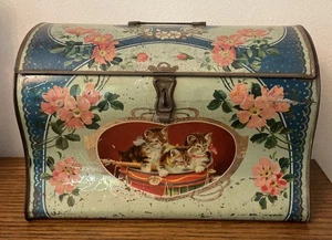 Large Antique Biscuit Tin with Handle w/Kittens & Flowers British / England - Imagen 1 de 9