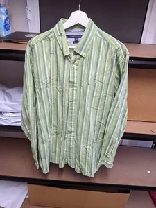 Tommy Hilfiger Shirt Mens Large Green Striped Retro 80s Collared Button up Flag - Picture 1 of 8