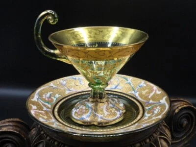 Antique Bohemian Moser Green Gold Hand Painted Enamel Art Glass  Cup & Saucer - Image 1 of 4