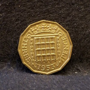 1953 Great Britain 3 pence, Elizabeth II, Tudor portcullis, UNC, KM-886 (GB4) - Picture 1 of 8
