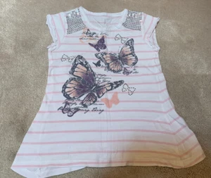 MATALAN GIRLS PINK WHITE SEQUIN SHORT SLEEVE BUTTERFLY T-SHIRT SIZE 4-5 YRS - Picture 1 of 5