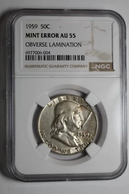 1959 Franklin Half Dollar NGC AU55 Mint Error Obverse Lamination #001 - Image 1 of 4