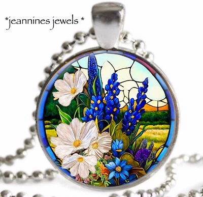 Collar de flores del estado de Texas Bluebonnet con colgante de plata de vidrio manchado falso Foto 1 de 4