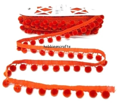 SIMPLICITY ORANGE POM POM TRIM 1 METRE Luxury Velvet Feel 1.5 cm balls 3cm drop  - Image 1 of 2
