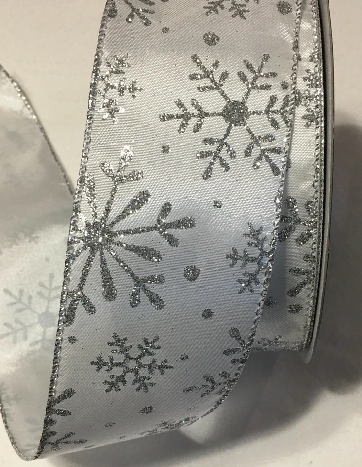 5 yds. WHITE GLITTER SILVER SNOWFLAKES WIRE EDGE RIBBON  2 1/2" Wide - Image 1 of 1