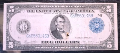 $5 DOLLARS -  1913 Blue Seal Federal Reserve Note VERY RARE !!! - Image 1 of 4
