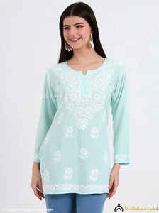 Meergrün handbestickt Chikankari Short Kurta Lucknowi Chikan Short Top - Bild 1 von 8