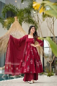 Conjunto de algodón puro Anarkali Kurti Palazzo Dupatta ropa de boda india conjunto Kurta - Imagen 1 de 9
