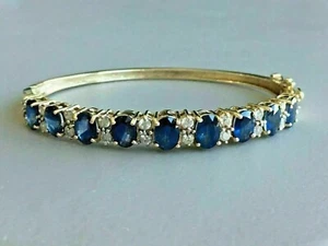 4Ct Oval Cut Simulated Blue Sapphire Bangle Bracelet In 14K Yellow Gold Plated - Picture 1 of 5