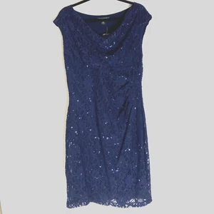 LAUREN Ralph Lauren Evening Sheath Dress 16 Navy Blue Sequins Ruched Sleeveless - Picture 1 of 20
