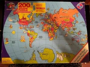 VTG Rose Art 200 PIECE JIGSAW PUZZLE LANDMARK MAP OF THE WORLD w FACT BOOK - Picture 1 of 4