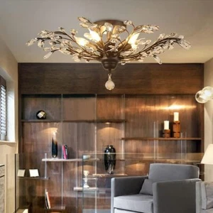 Vintage Ceiling Light Flower Crystal Chandeliers Black Fixture Close to Ceiling  - Picture 1 of 14