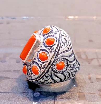 Anillo de coral rojo 100 % natural de plata de ley 925 para hombre anillo de coral italiano Foto 1 de 4