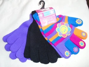 Youth Tween Girls 3 Pairs Fashion Pink Blue Purple Black Magic Gloves Sz OSFM - Picture 1 of 3